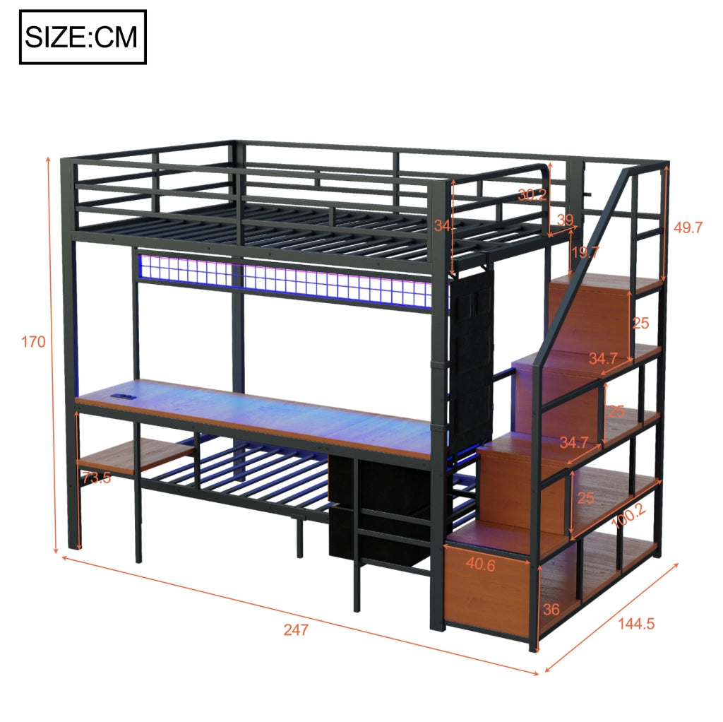 Letto a soppalco 140x200/90x200 con scrivania; LED; prese e cassetti in tessuto; nero