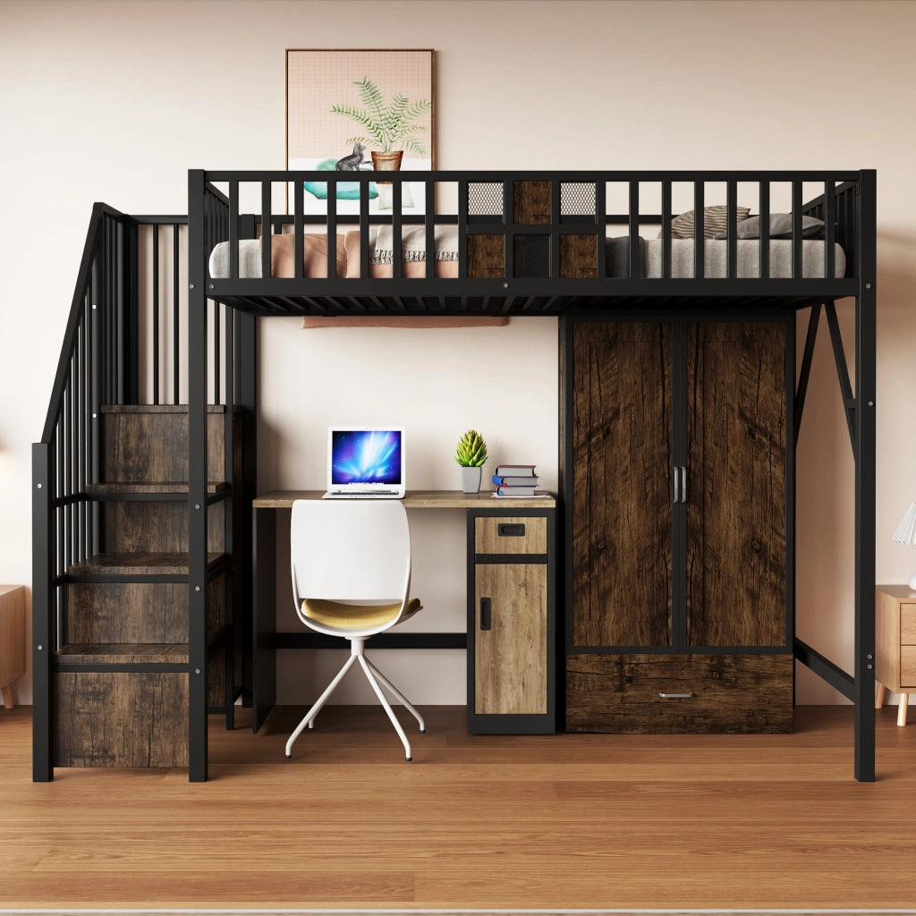 Letto a castello nero in metallo e legno con funzione contenitiva 90x200 cm