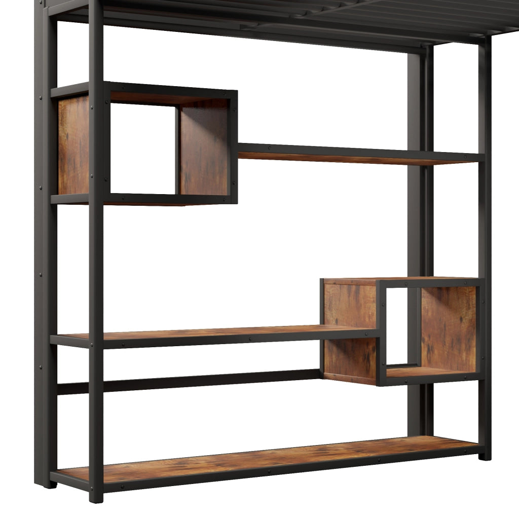 Letto a soppalco 140x200 cm con spazio libero sottostante; LED; ripiano; gradini integrati e parapetto; metallo nero