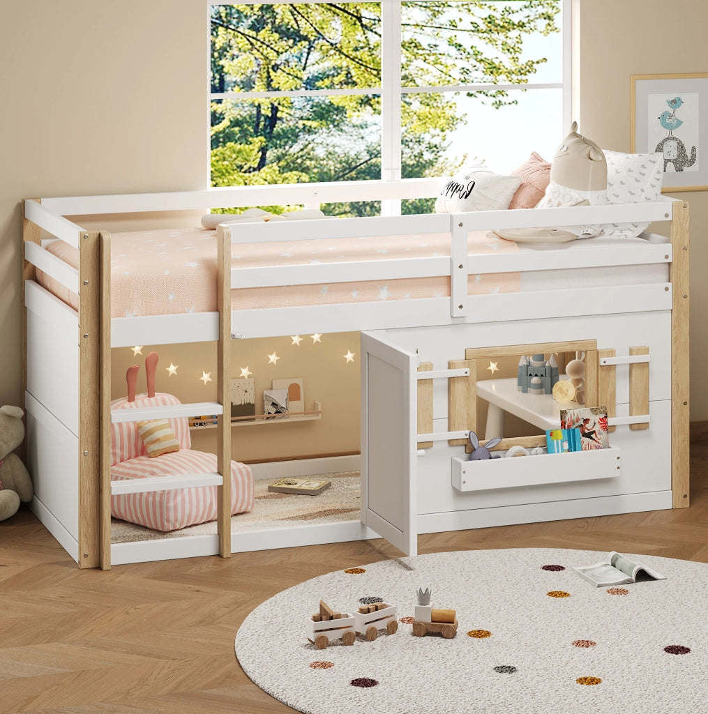 Letto a castello per bambini 90x200 cm in legno massiccio e MDF; bianco; con rete a doghe