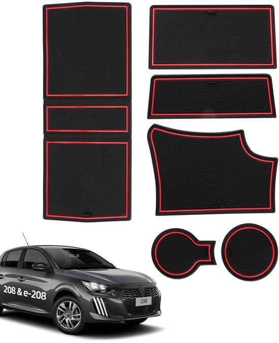 Antislipmatte per Peugeot 208 e-208 2008 e-2008 2020-2024 2025, 6 pezzi di gomma per console centrale, cassetto portaoggetti, portabicchieri, vano portaoggetti integrato, vano sostegno braccio, nero e rosso