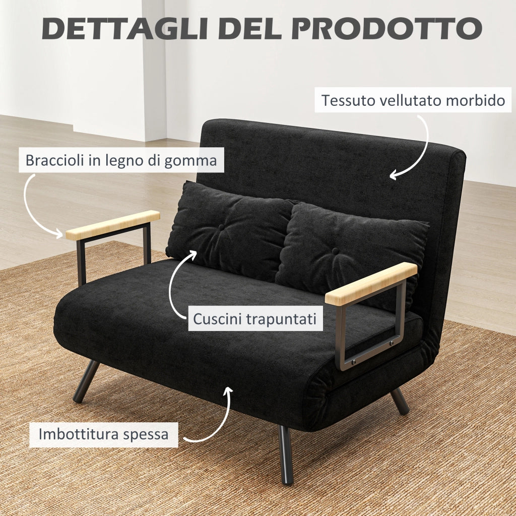 Divano Letto 3 Posti in Tessuto Velluto con Schienale Regolabile e Cuscini ¨C Zephmum ¨C Nero, 102x73x81 cm