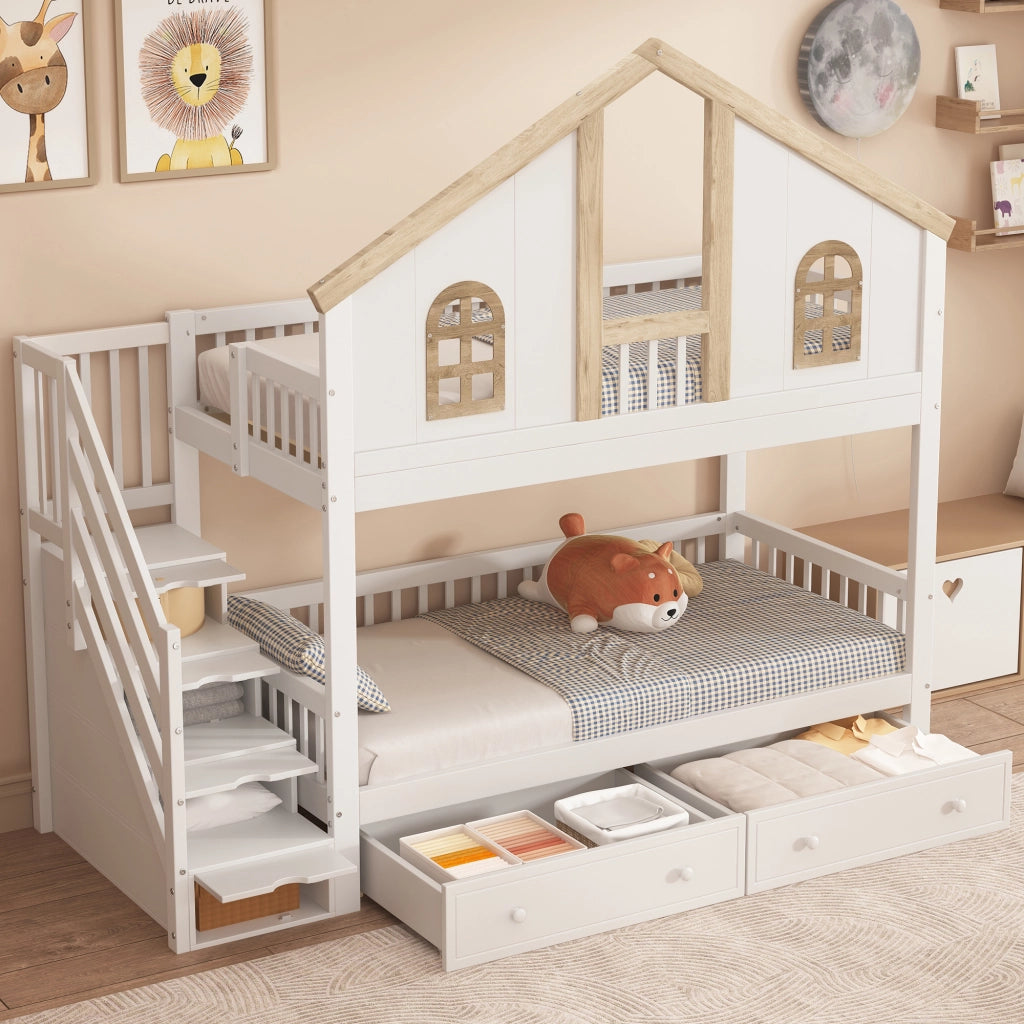 Letto a castello per bambini 90x200 cm in pino e MDF; bianco e naturale; con scala contenitore e cassetti