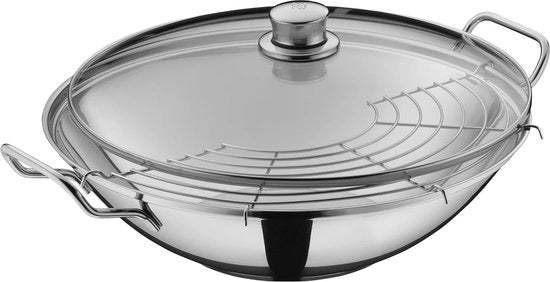 Set di wok da 3 pezzi da 36 cm con coperchio in vetro e griglia per tempura - resistenti all'ossidazione in acciaio inox, resistenti al forno e al lavastoviglie, adatti per induzione