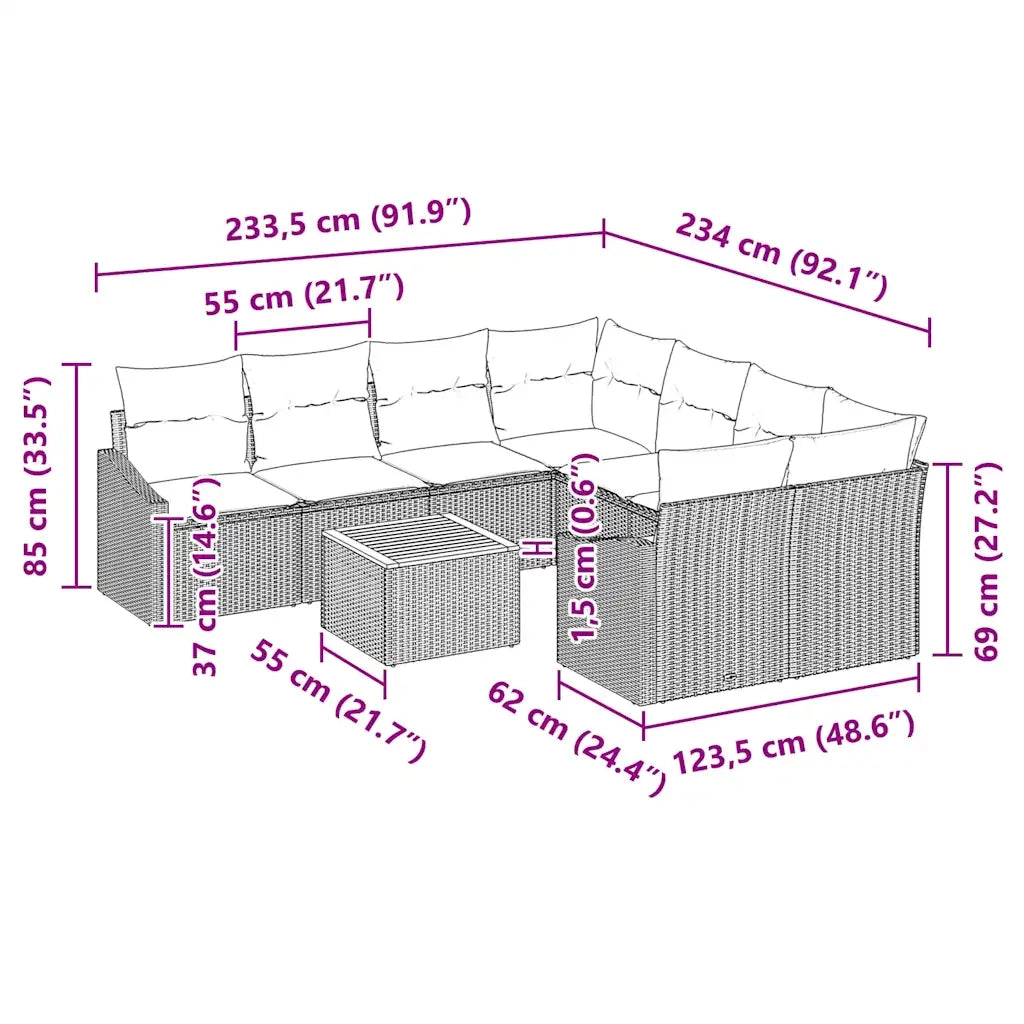 Set Divano da Giardino con cuscino 9 pcs Grigio polyrattan 3347811