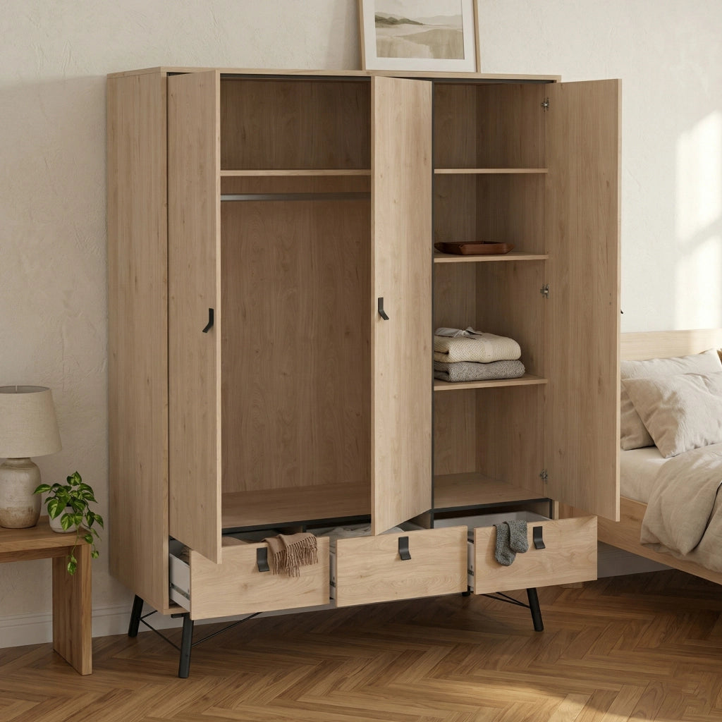 Guardaroba 3 ante Virgil, Mobile camera da letto, Cabina armadio portabiti, Armadio appendiabiti, 150x60 h200 cm, Rovere
