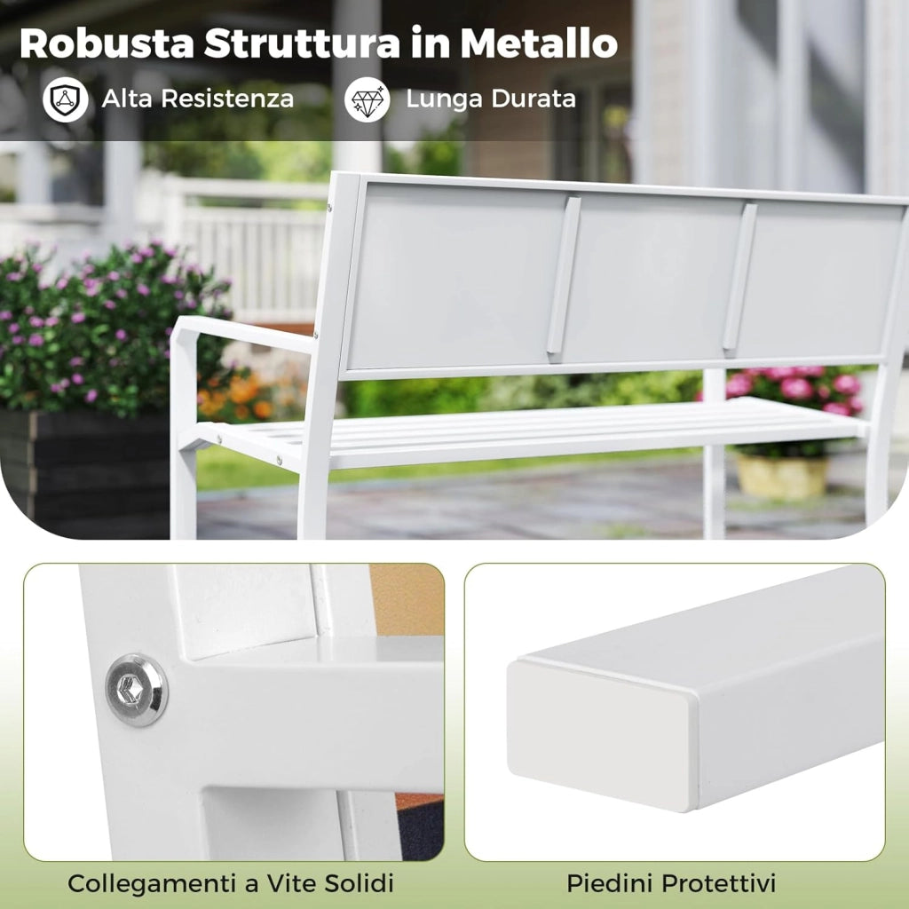 Panca da Giardino Decorativo Artistico in Metallo, Panchina da Esterno con Schienale Decorato, Panchina da Giardino 2-3 Posti per Terrazza (Bianco, 128 x 53 x 81,5 cm)