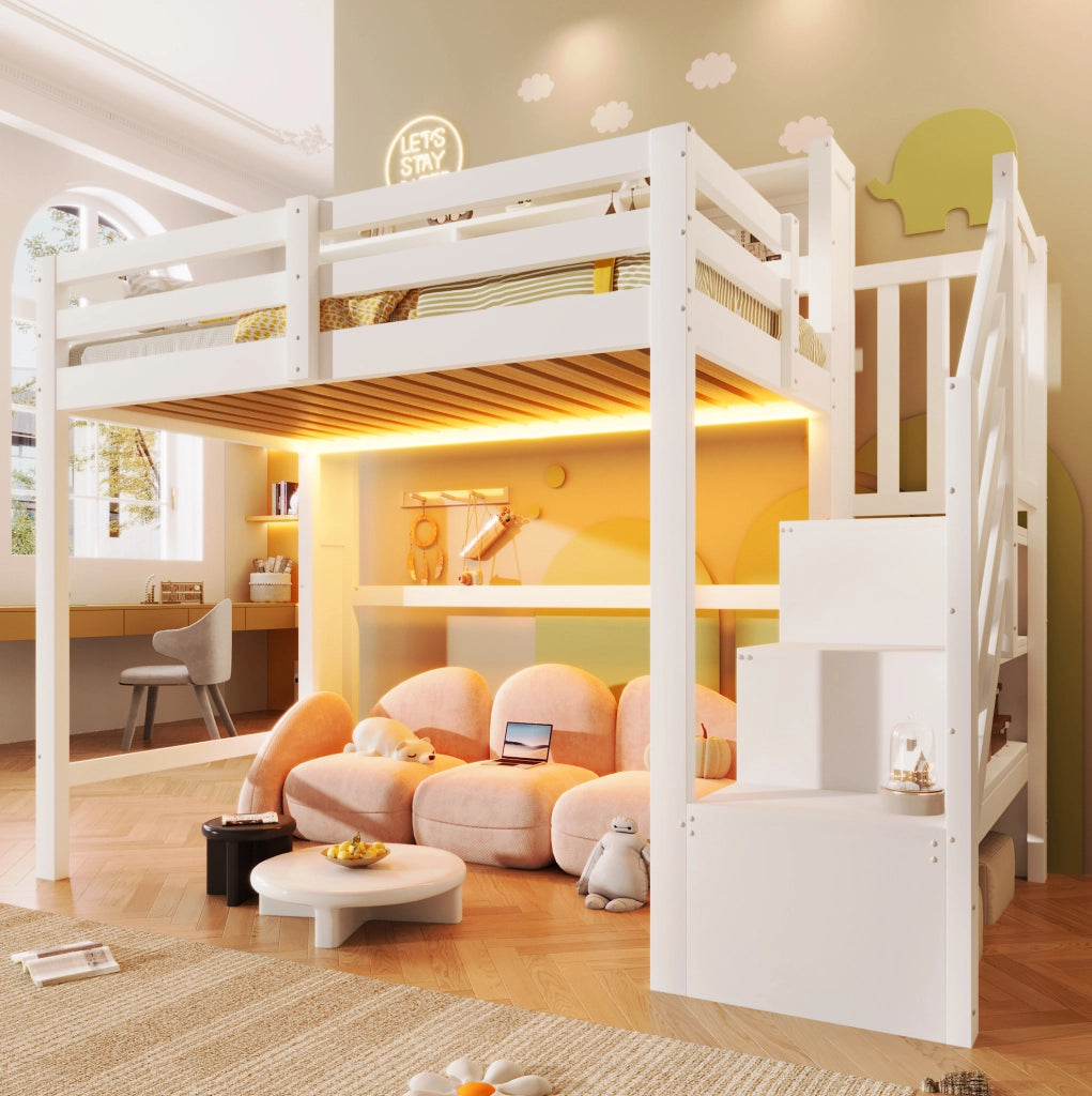 Letto a soppalco ULEVR 90x200 cm con LED, scala contenitore e vano aperto, bianco