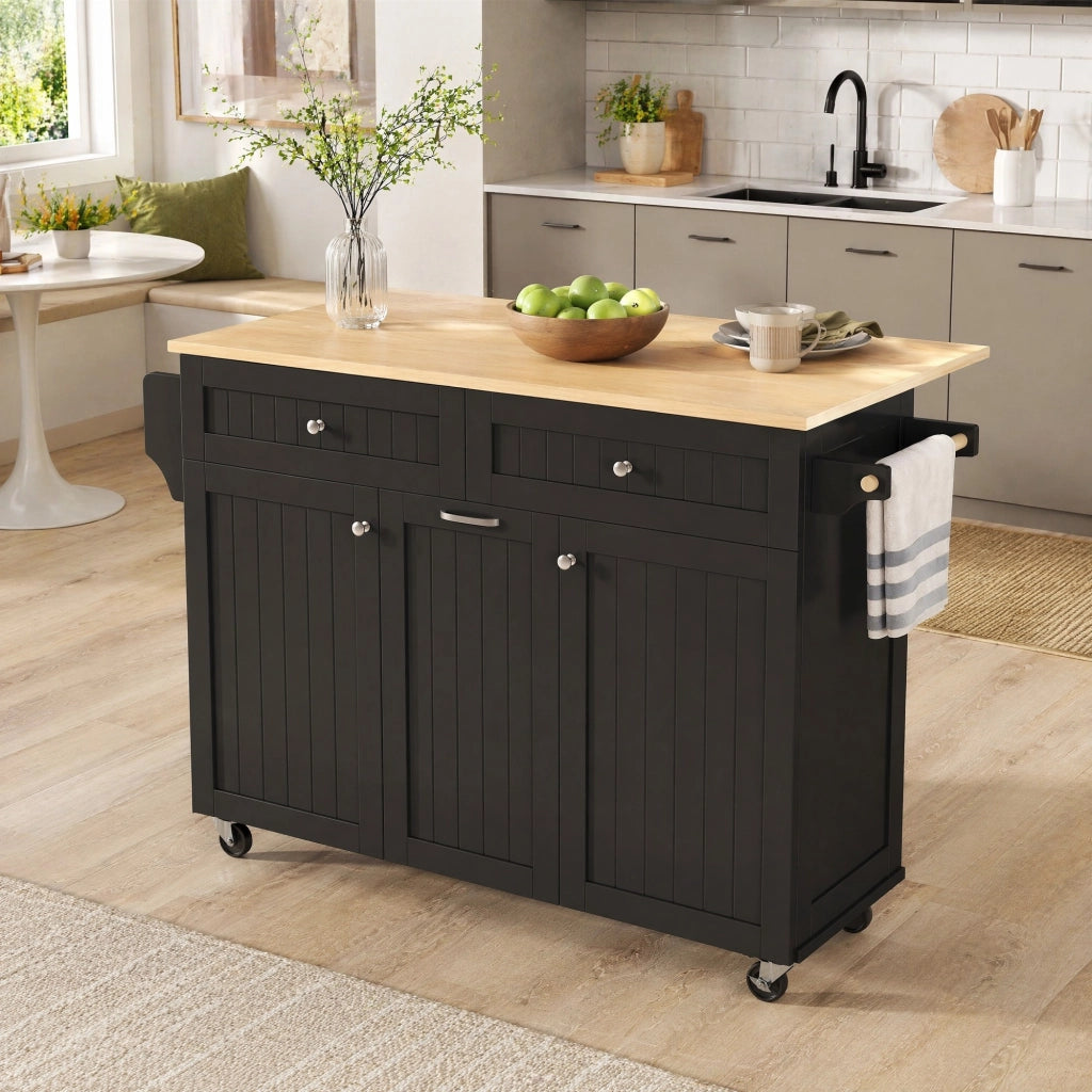 Isola da cucina mobile con piano estraibile e pieghevole; MDF; nero e naturale