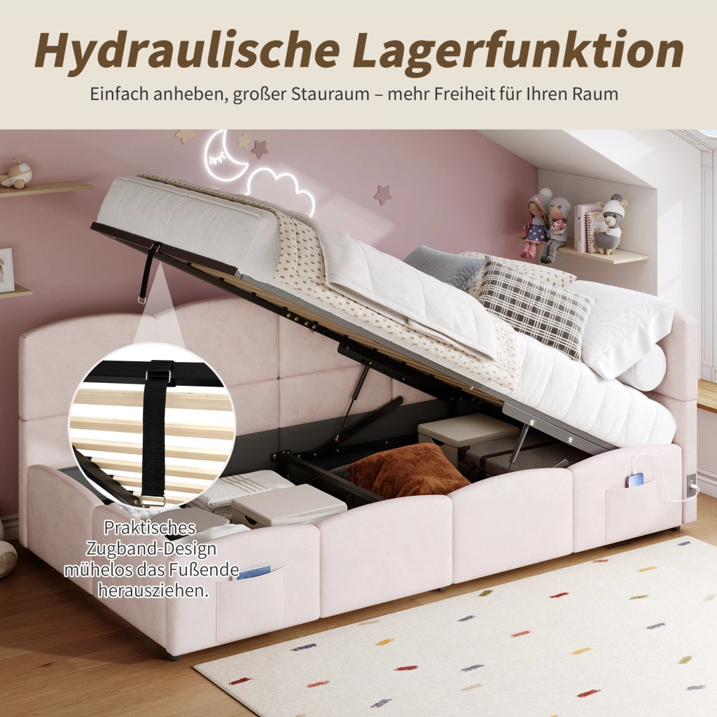 OKWISH Letto con Contenitore 90×200 cm, Letto Singolo con USB A, USB C e Tasche Portaoggetti, senza Materasso, in Velluto, Rosa