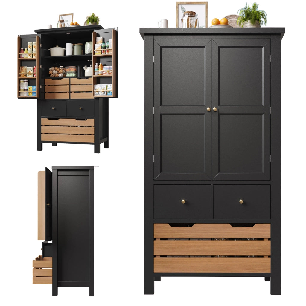 Buffet alto multiuso 80x40x140 cm con 2 porte e 5 cassetti, nero e bianco, in MDF e metallo