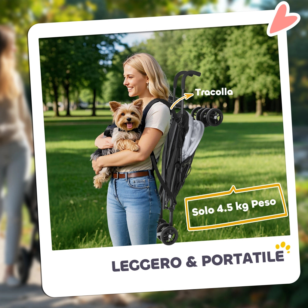 Passeggino per Cani con 2 Finestre a Rete, in Acciaio e Tessuto Oxford, 76x44x103 cm, Nero e Grigio Chiaro