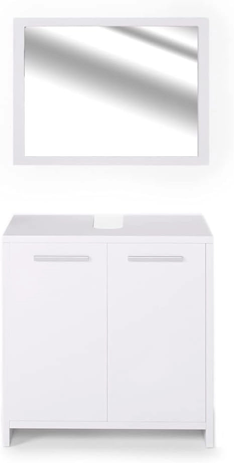 Set mobili bagno Kiko, Bianco, 58 cm, composto da specchio da bagno e mobile sottolavabo