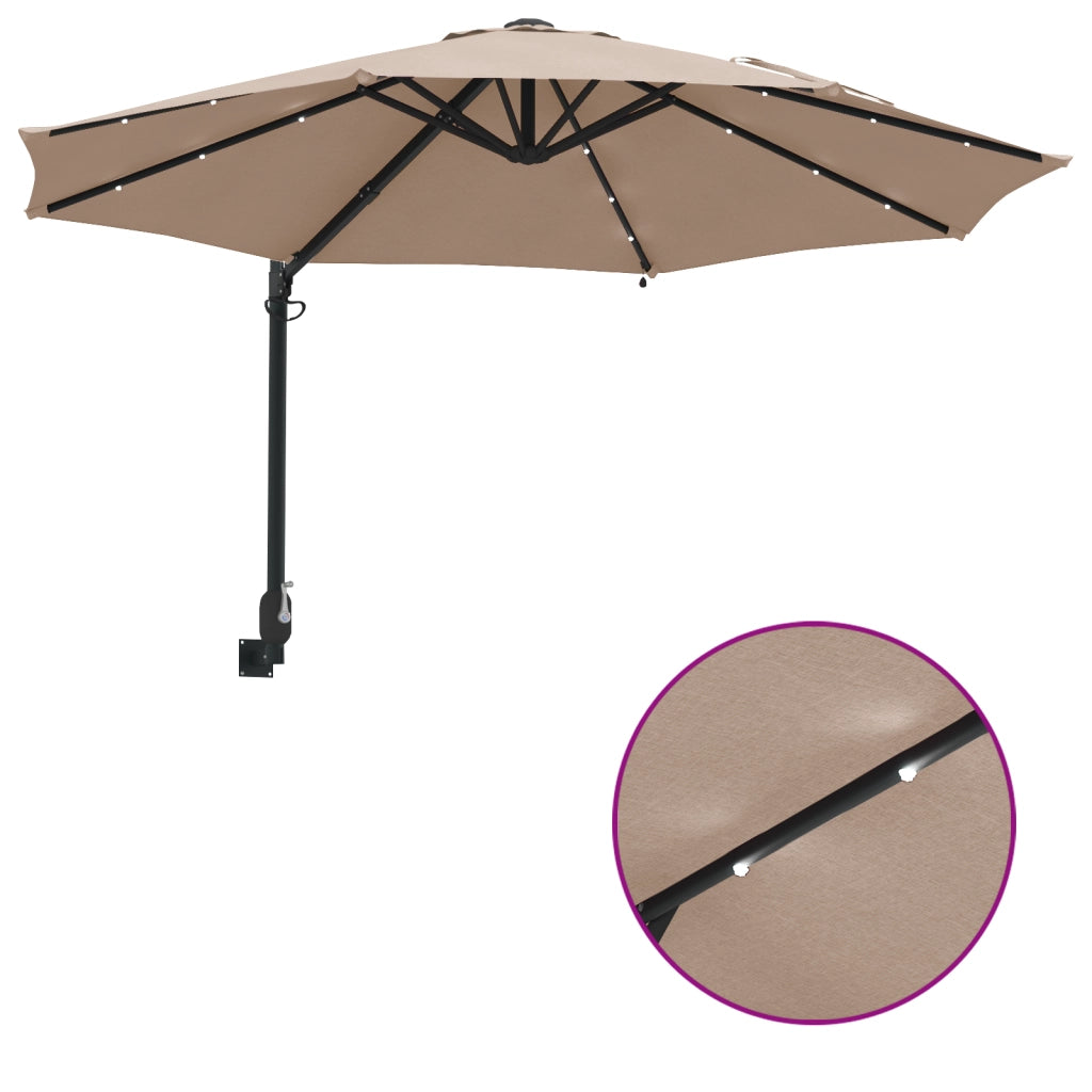 Ombrellone da Giardino Montato a Muro con LED Tortora 248 cm
