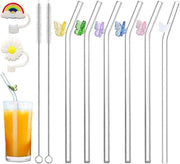 Set di Vasi in Vetro Curvo di Rattan Riciclabili - 6 pezzi con Disegno di Farfalla Colorata - Inclusi Spazzole per Pulizia e Stopper per Strofinare