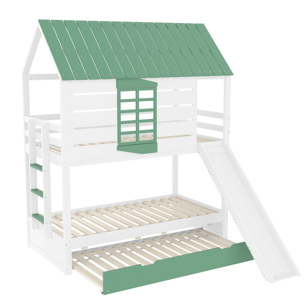 Letto a Castello 90x200 cm con Letto Estraibile; Scivolo; Tetto a Casetta e Finestra