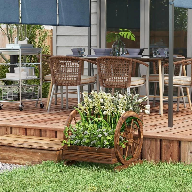 FIORIERA DA ESTERNO A 3 LIVELLI CON RUOTE DECORATIVE IN LEGNO DI ABETE CARBONIZZATO, 62X61X57 CM