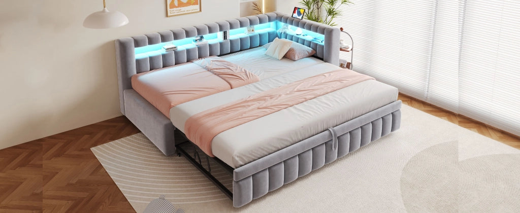 Letto imbottito estraibile 90x200 cm con LED, porte USB e Type-C, velluto grigio chiaro