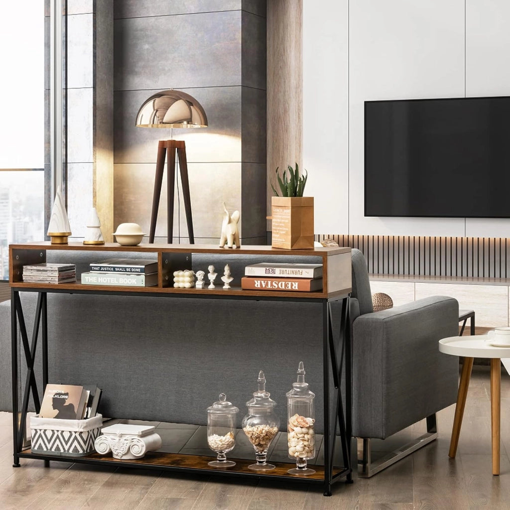 Tavolo Consolle Ingresso, Tavolini Stretto a 3 Ripiani, Salvaspazio e Multiuso, in Ferro, Industriale, Portata di 45 kg, 120x23x79cm, 3 Colori Disponibili, Nero/Bianco/Marrone