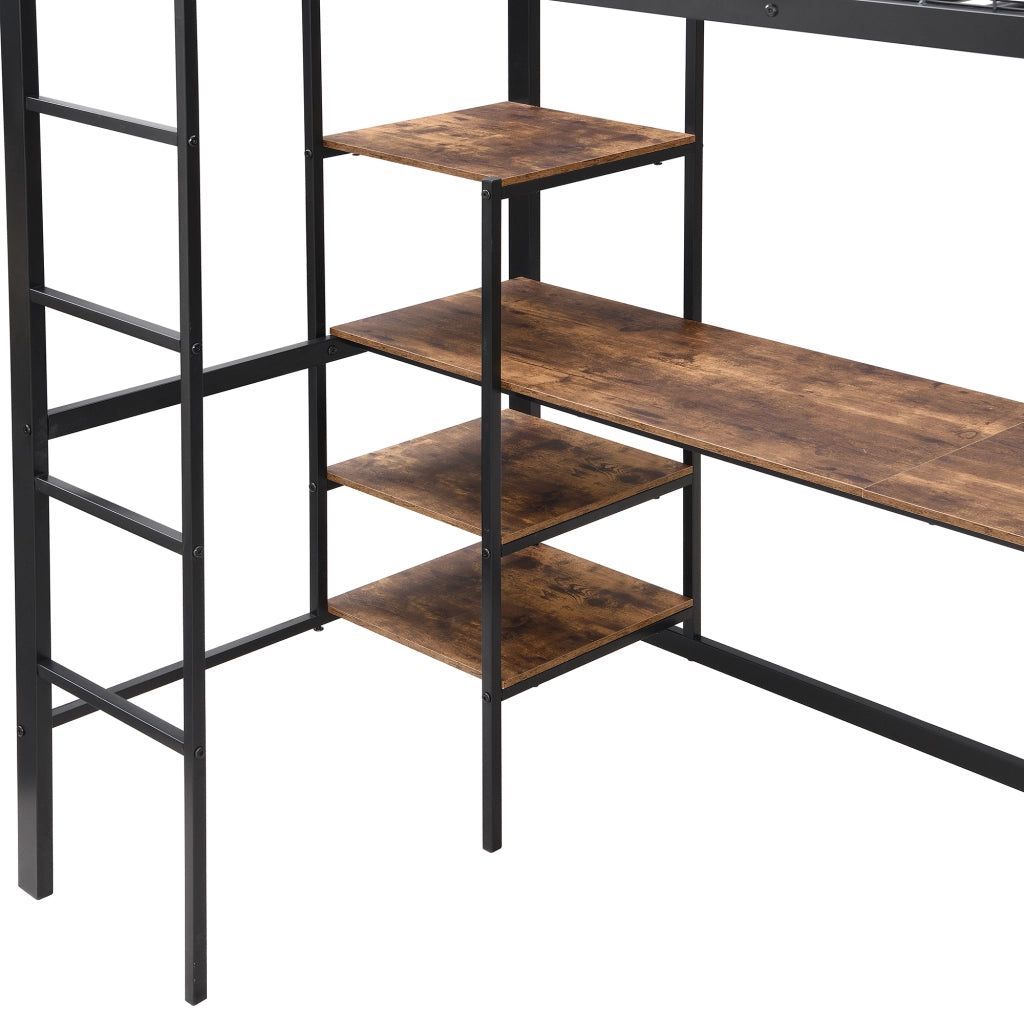 DESMIU Letto a Castello Singolo con Scrivania, Scaffali e Scala a 4 Gradini 90 × 200 cm, Senza Materasso, Nero