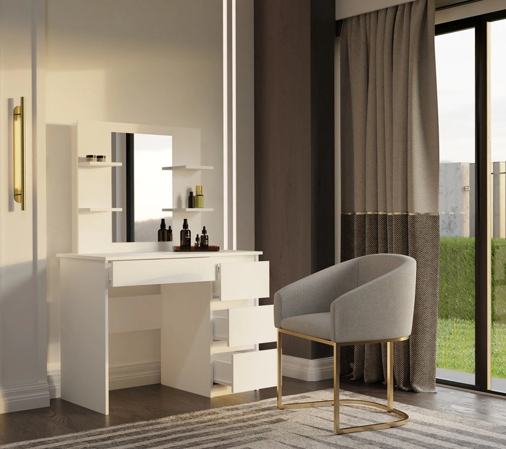 Toeletta MARINA 4p specchio MIJAS destro 4 cassetti 4 ripiani bianco per camera da letto