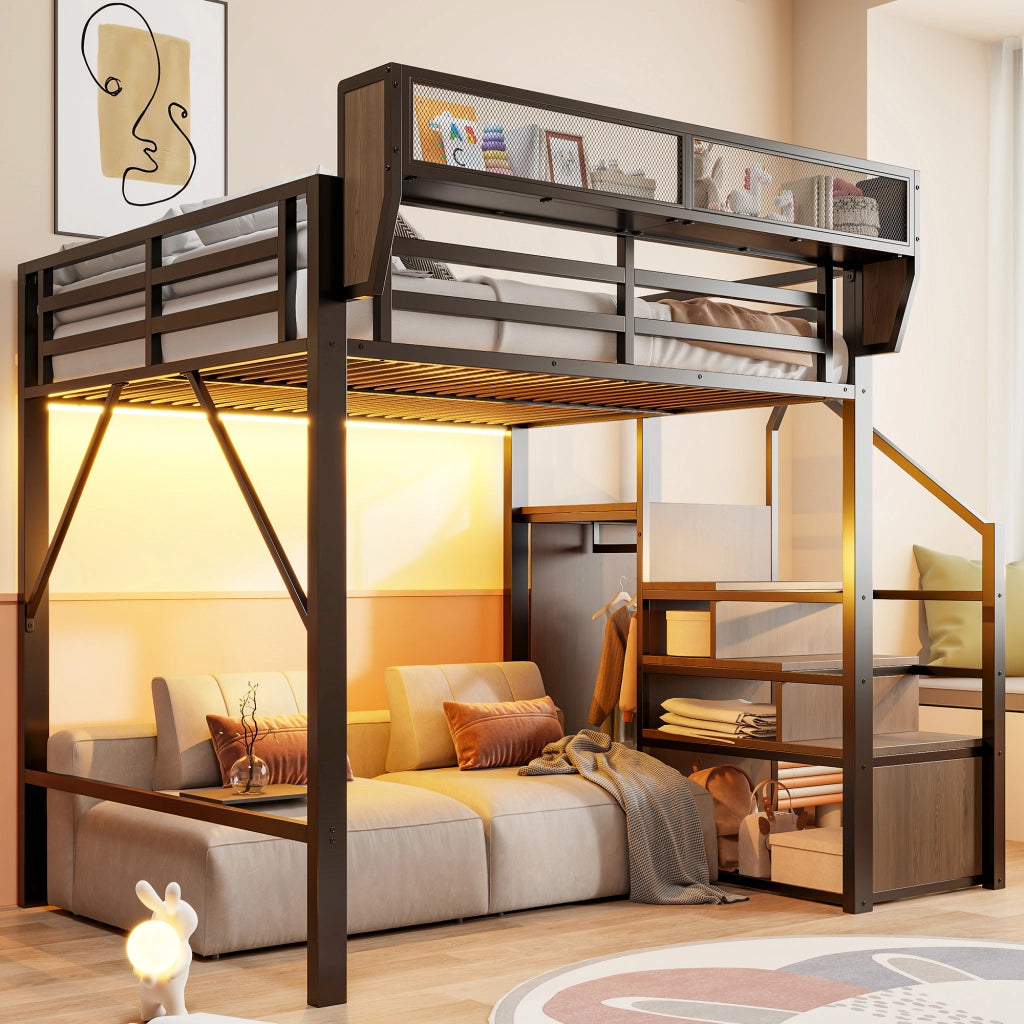 Letto a soppalco 140 × 200 cm con LED, scala di sicurezza e ripiano regolabile, senza materasso, metallo nero