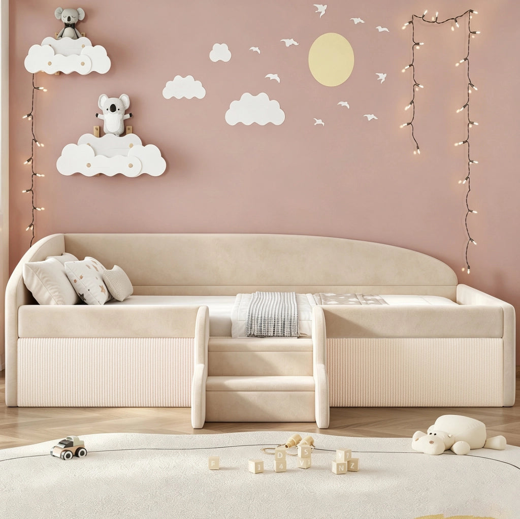 Letto imbottito per bambini 90 x 190 cm con gradini e sponde; velluto beige