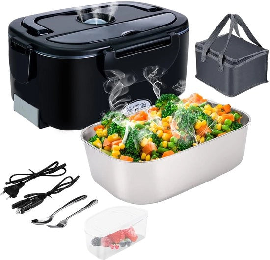Lunchbox elettrica 4 in 1 12V/24V/220V~240V, 1,5L 60W lunchbox elettrica contenitore alimentare in acciaio inossidabile per auto, camion, ufficio e casa, contenitore alimentare termico con forchetta, cucchiaio e borsa isolata