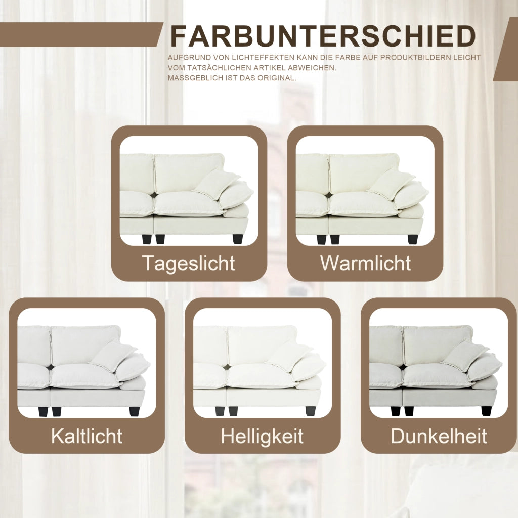 Divano angolare modulare Cloud in chenille beige con pouf mobile e 2 cuscini morbidi, 194x155x90 cm