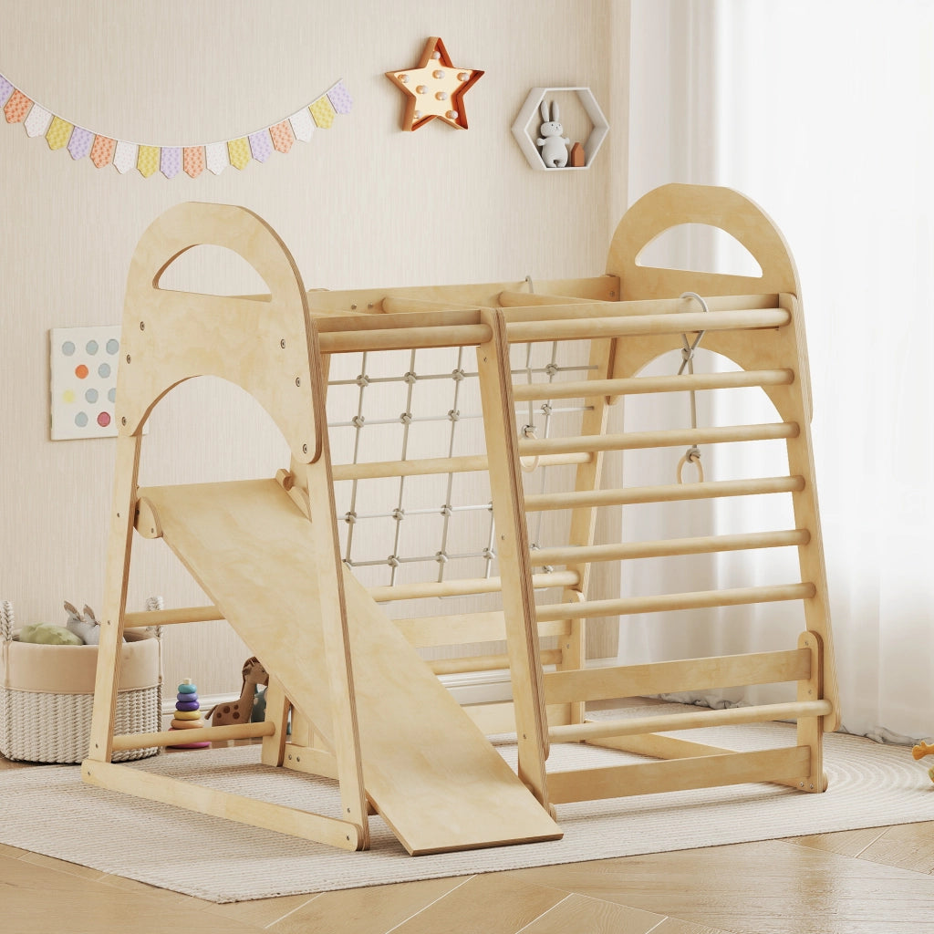 Set arrampicata interno 6-in-1 ¨C Xylo ¨C con scivolo, scala, rete e parete, legno, 3-6 anni