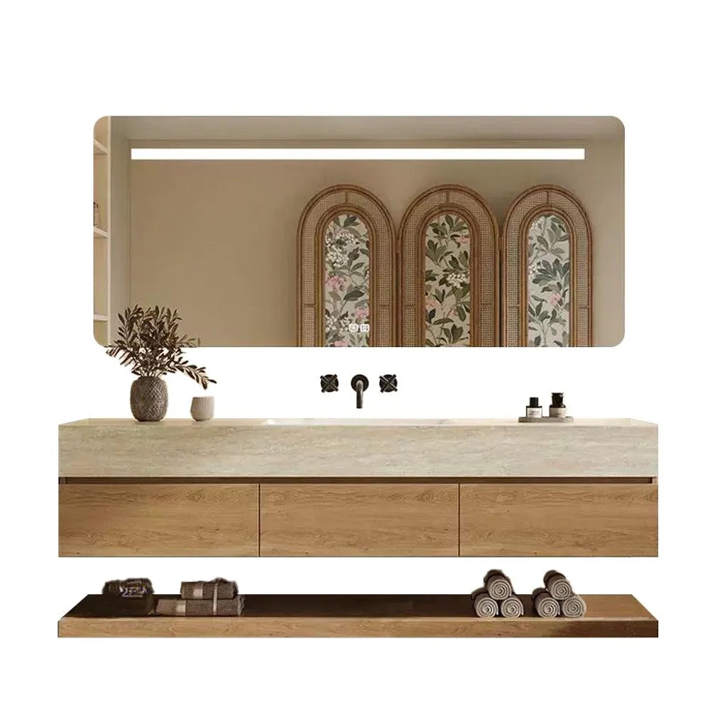 Set mobile bagno sospeso effetto travertino con lavabo in pietra sinterizzata e specchio senza foro rubinetto 130×55 cm