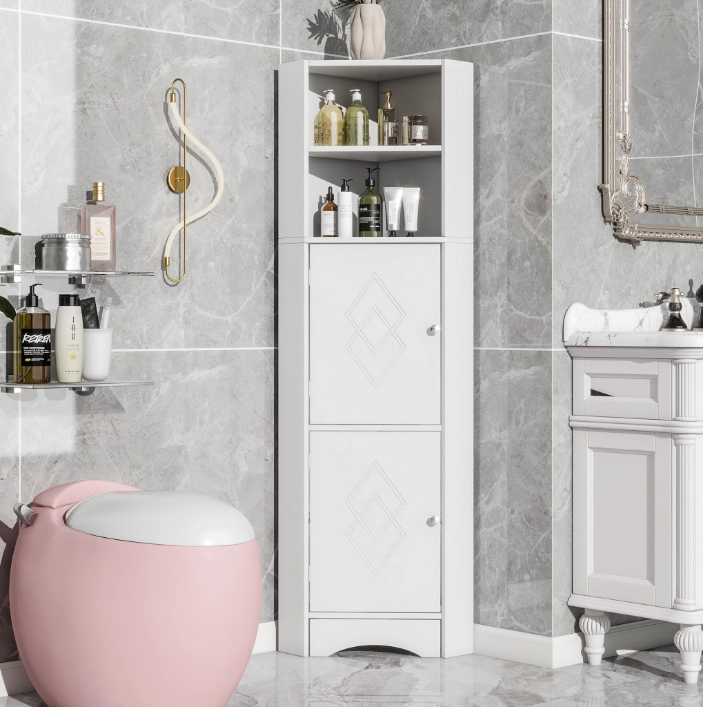 Mobile angolare per bagno con 2 ripiani regolabili, 36,5 x 36,5 x 155 cm, bianco