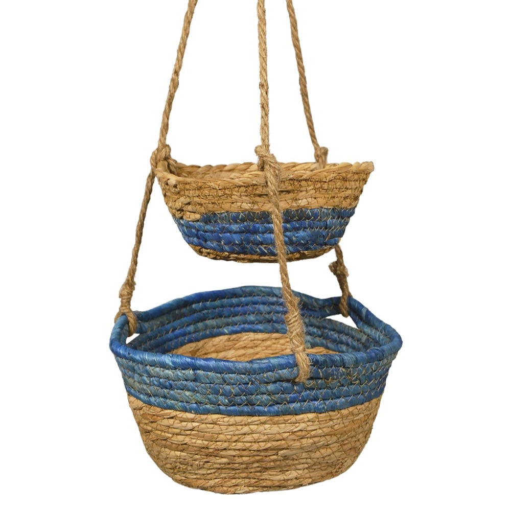 Caspo Pensili Doppi in Corda di Cotone Blu Porta Piante Sospeso h72 cm