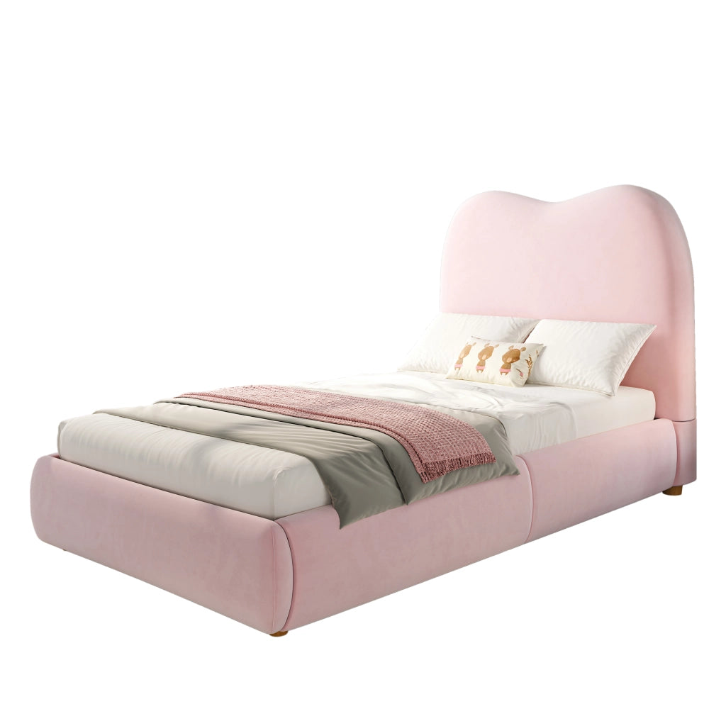 Letto imbottito singolo per bambini 90x200 cm in velluto rosa con contenitore idraulico e rete a doghe