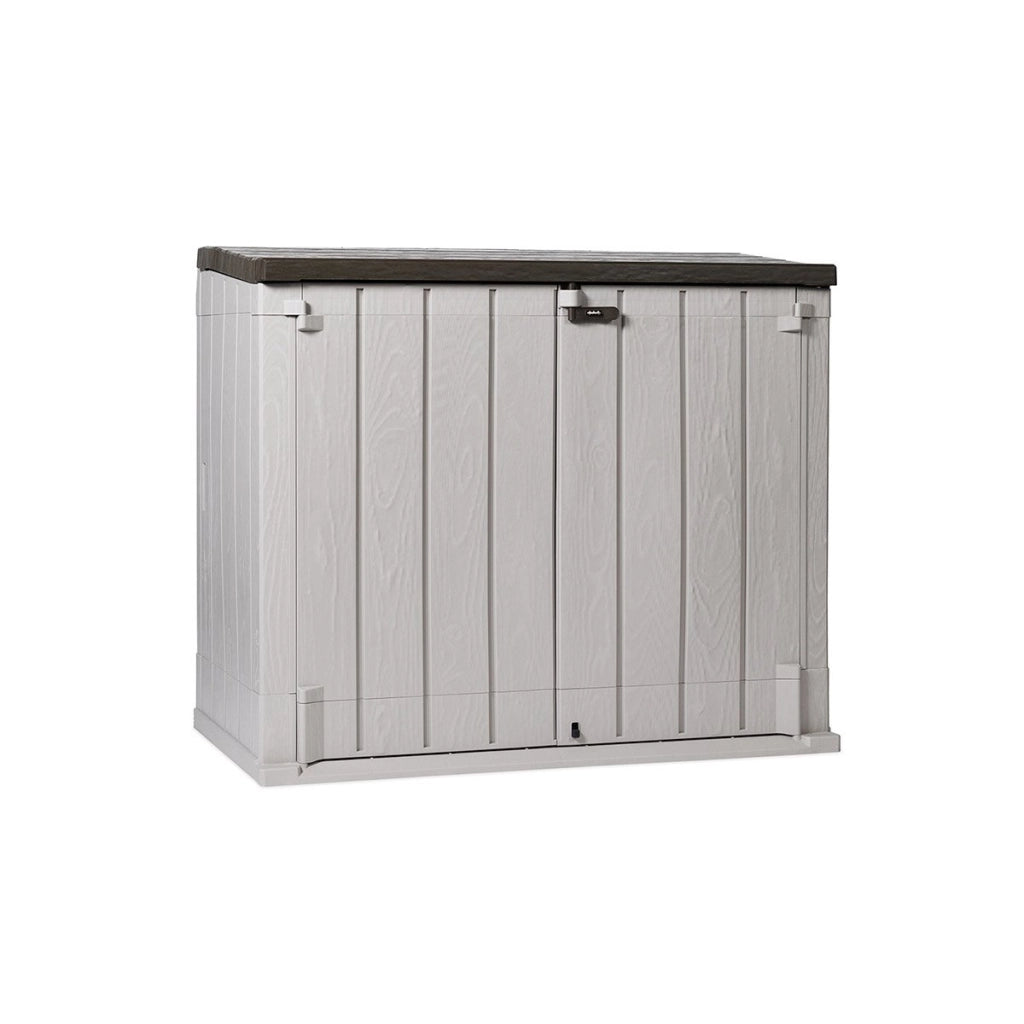 Baule porta attrezzi e bidoni da esterno Stora Way Plus XL 1270 litri in resina con doppia anta e apertura assistita colore grigio talpa e marrone Toomax