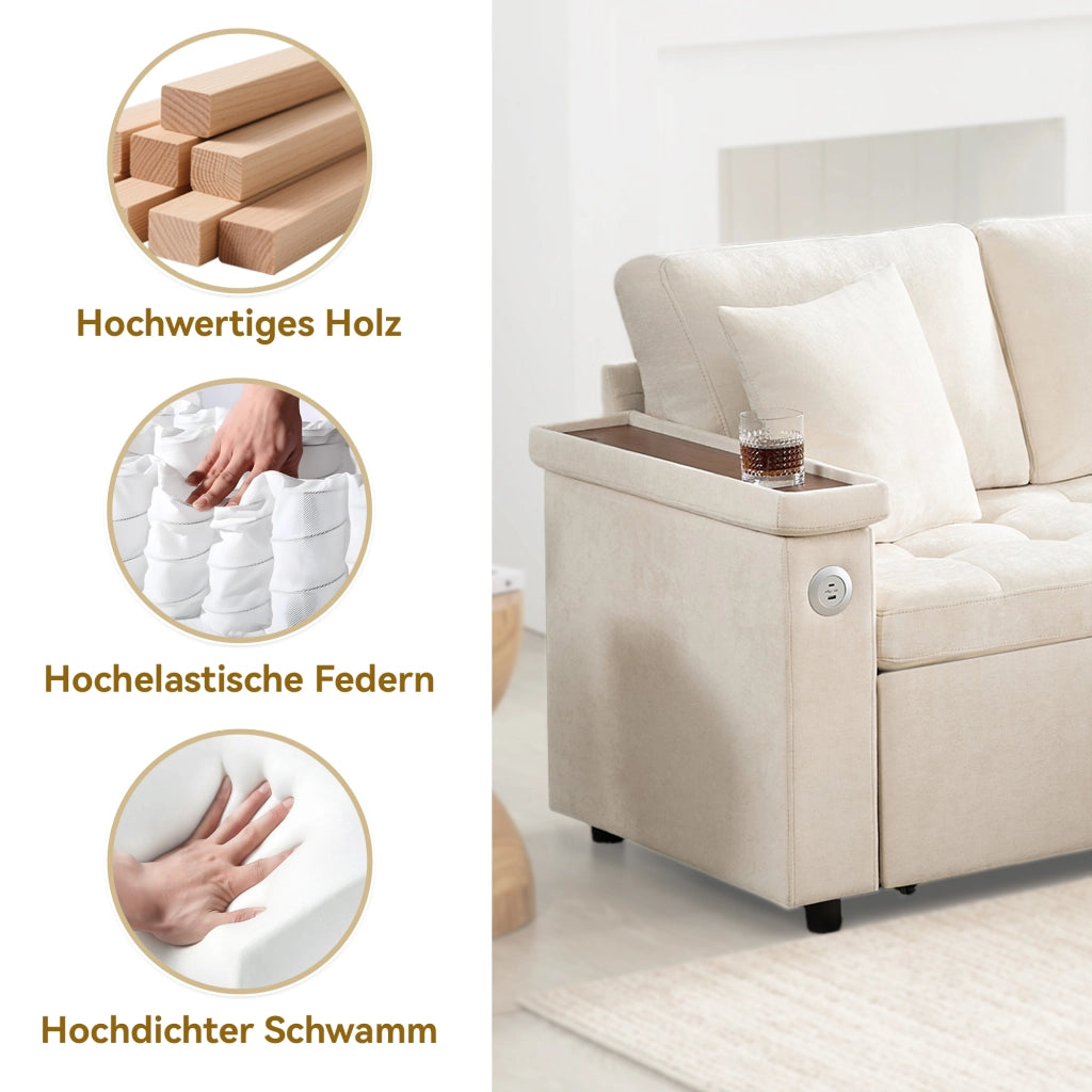 DIVANO LETTO angolare destro 209x130 cm in Chenille Beige con contenitore e USB