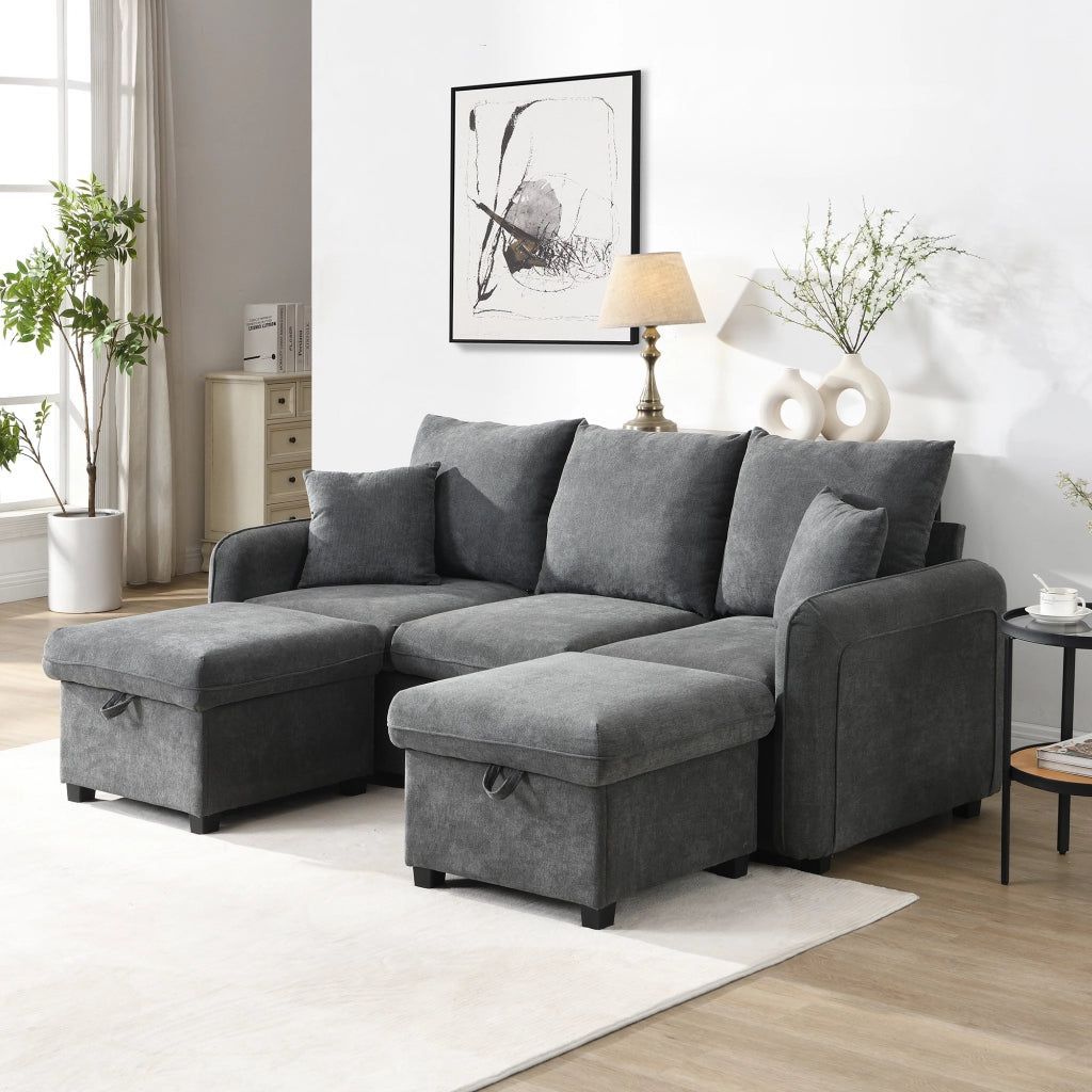 OKWISH Divano panoramico a U 3 Posti, Convertibile con Contenitore e 2 Pouf Contenitore, Ciniglia, Grigio Scuro