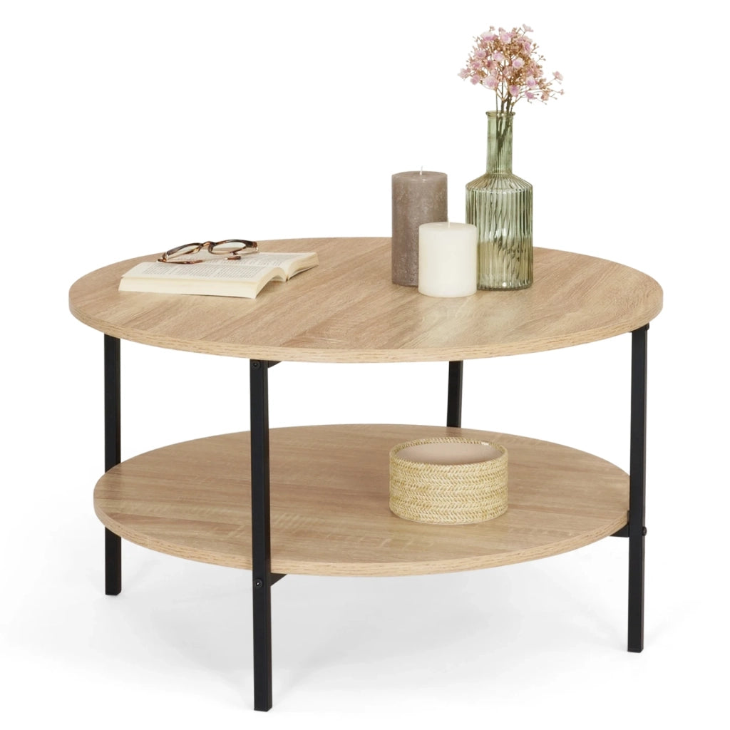 IDMarket - DETROIT mesa de centro redonda de doble tablero, 70 cm, diseño industrial