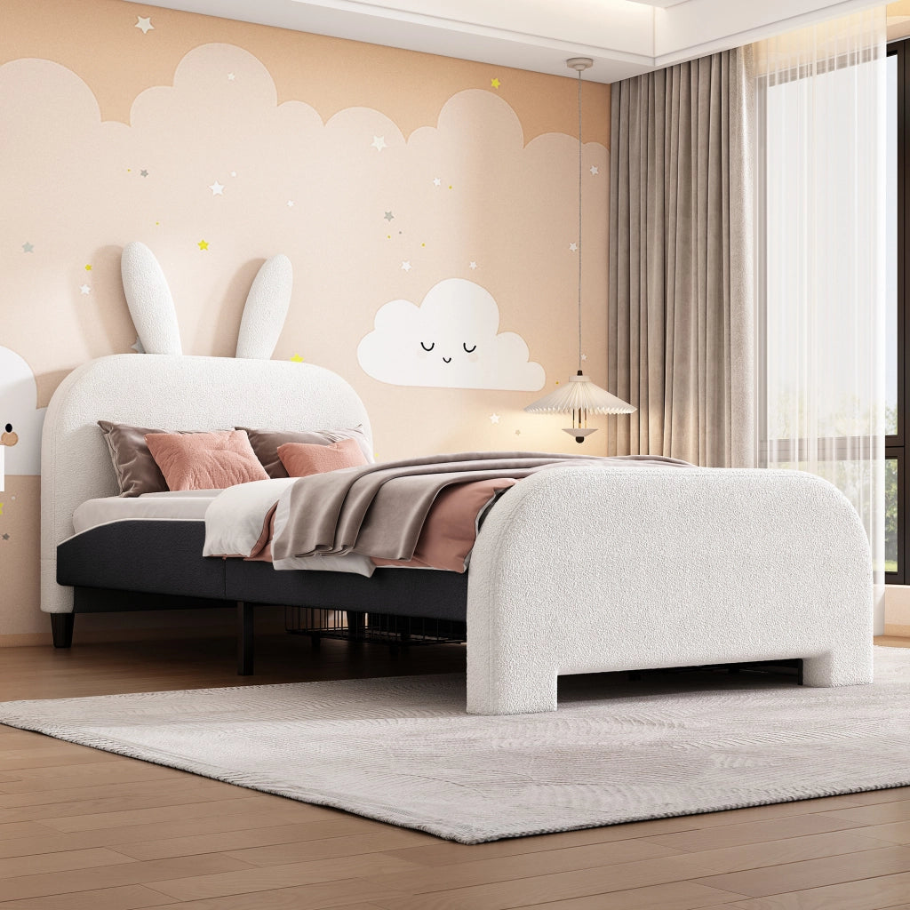 Letto per bambini singolo 90×200 cm con 2 cassetti e testiera imbottita; senza materasso; plush; bianco