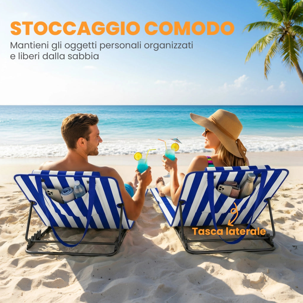 Set 2 Sedie da Mare con Schienale Regolabile ¨C zephmum ¨C Blu e Bianco, Acciaio e Poliestere, 154x57x52 cm