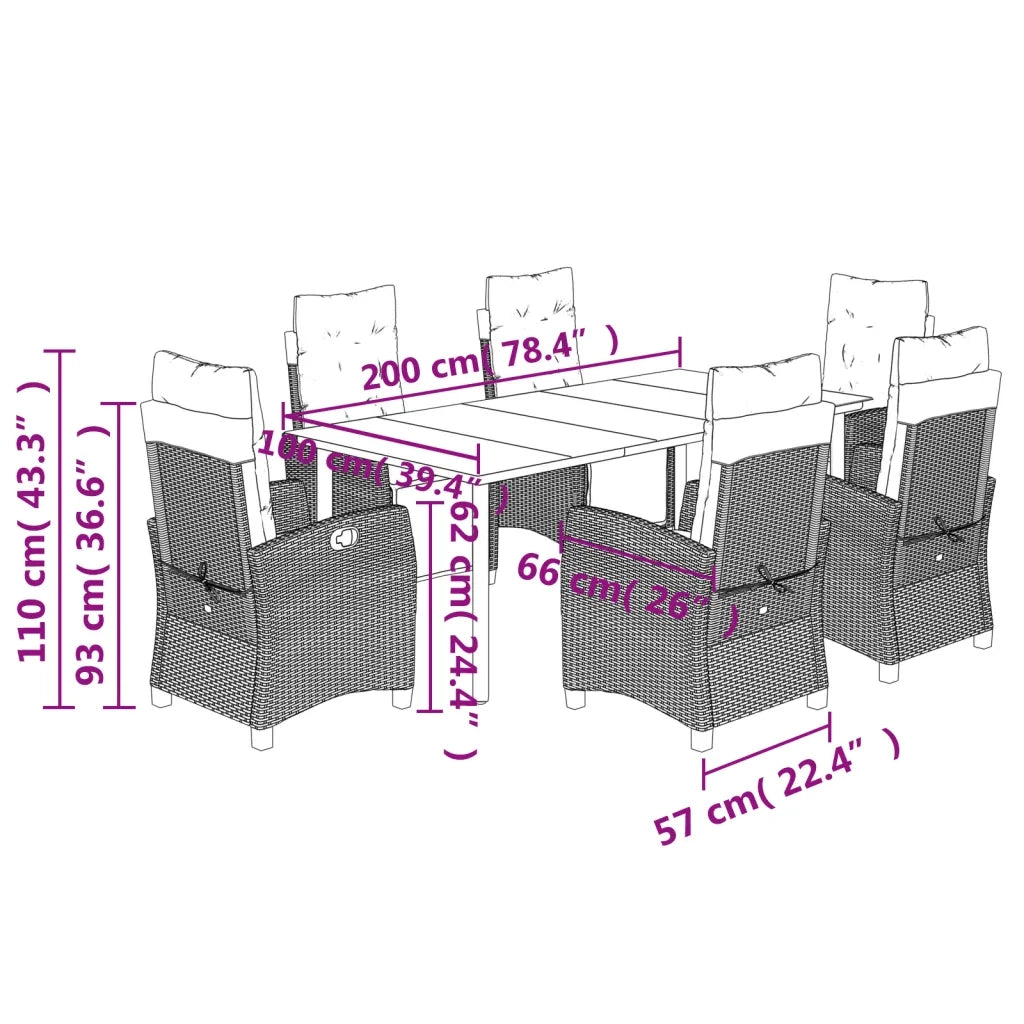 Set da Pranzo da Giardino 7 pz con Cuscini in Polyrattan Grigio