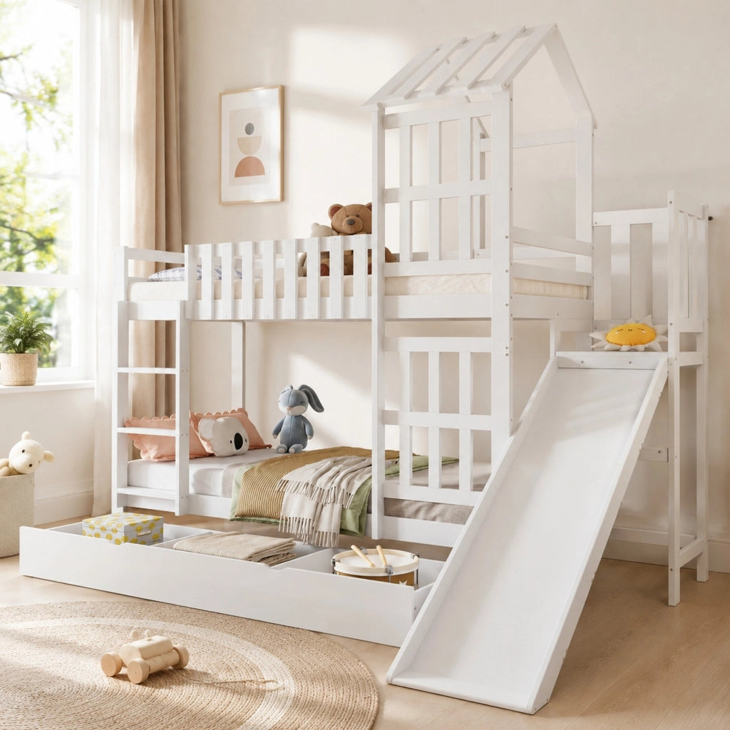 Letto a castello per bambini 90 × 200 cm con grande cassetto con ruote, scivolo, senza materasso, bianco