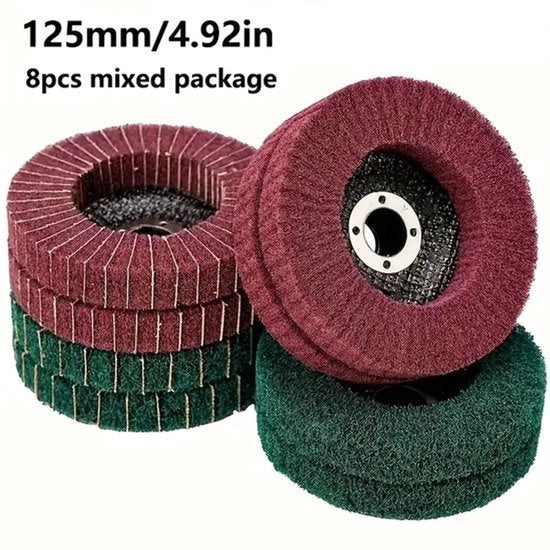 Scudetto a 8 facce in nylon con fibra di 125 mm. Adatto per lo spazzolamento rotativo di metallo e legno.