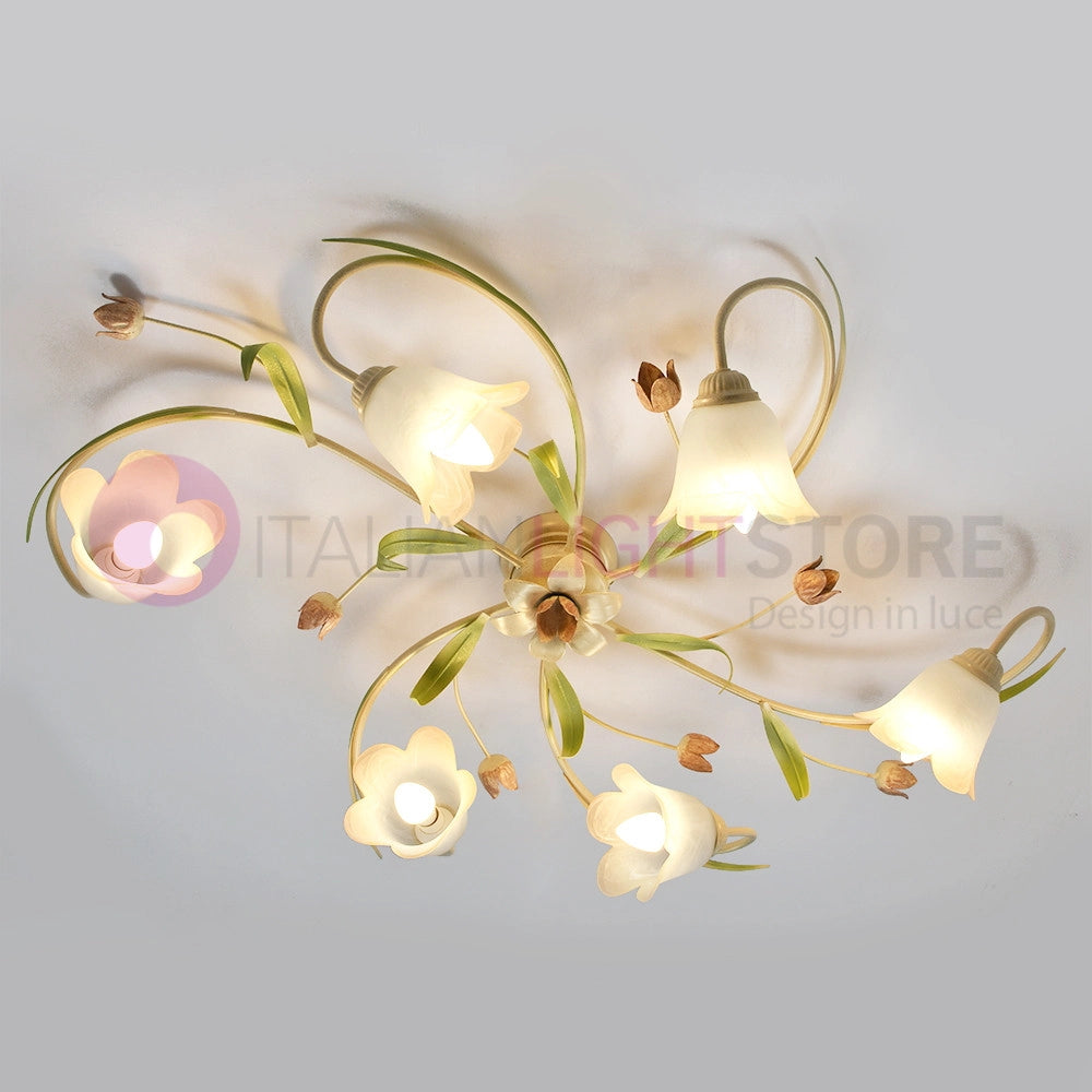 FLORA Plafoniera allungata a 6 Luci in Ferro Decorato Stile Floreale