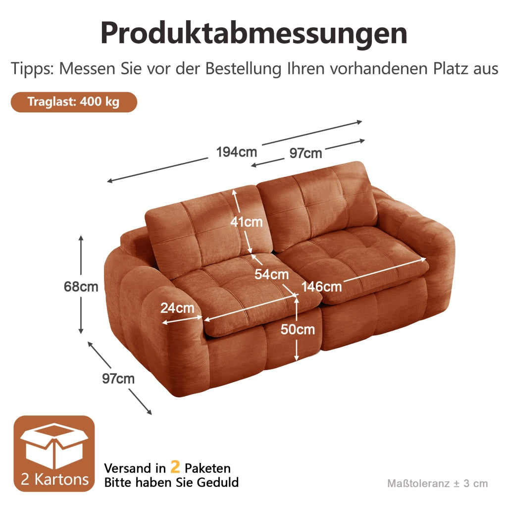 Divano modulare a 2 posti in chenille arancione; 194x97x68 cm; senza montaggio