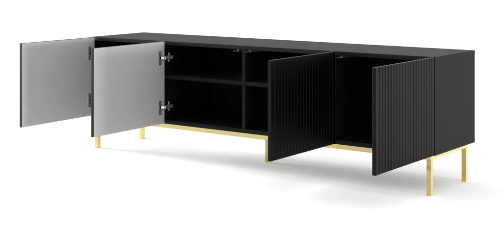 MOBILE RAVENNA B PORTA TV IN MDF RIVESTITO IN FOGLIO 4D 200 NERO OPACO STRUTTURA ORO