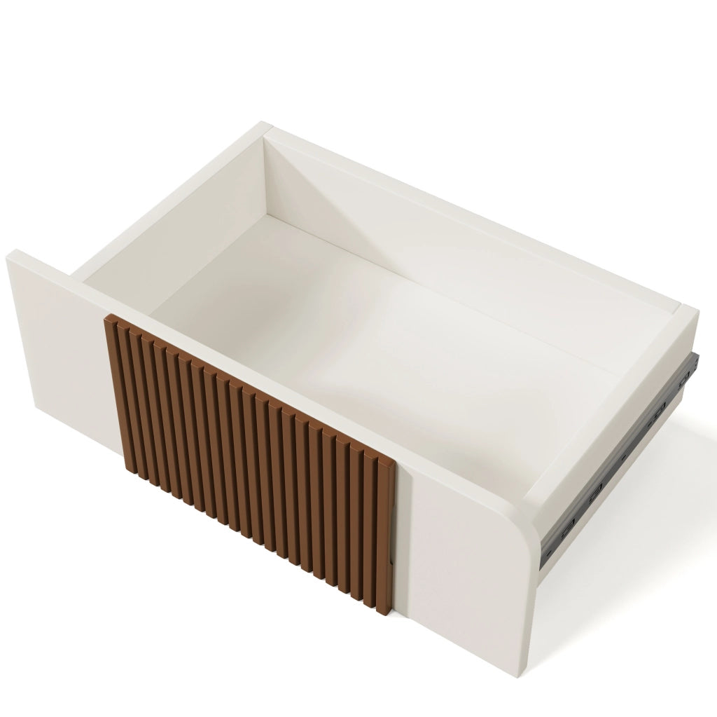 Comodino a 6 cassetti con linee curve e finitura bianca