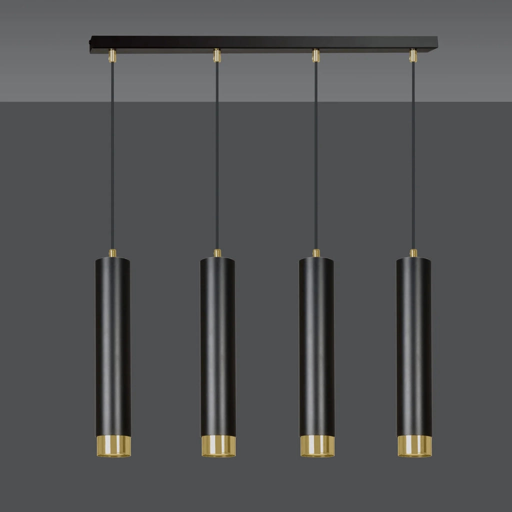 Lampadario 4 Luci Brunilde In Acciaio Nero E Tubolari In Nero E Oro
