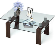 Tavolino da caffè rettangolare in vetro, moderno, tavolino da tè a 2 livelli, tavolino lungo con gambe in metallo, tavolo in vetro per soggiorno, ufficio, 99,5 x 59,5 x 44,5 cm