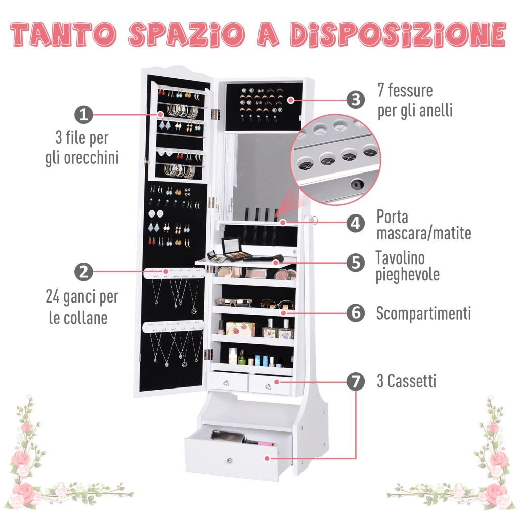 Armadio Portagioie con Specchio e Cassettiera ¨C zephmum ¨C Bianco 45x36x150 cm